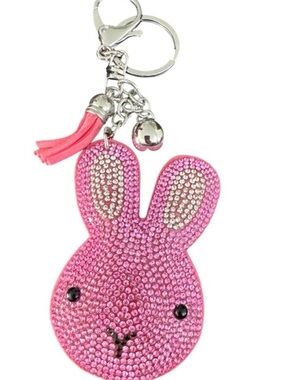 Pink Rhinestone Bunny Keychain Charm Bling with Pinm Tassel NWT